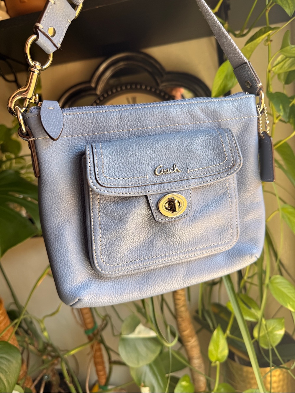 Coach Light Blue Pebble Leather Turnlock Crossbody